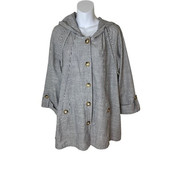 Jones New York 1X Striped Hooded Button-Front Beach Jacket linen Blend Black - Picture 1 of 6